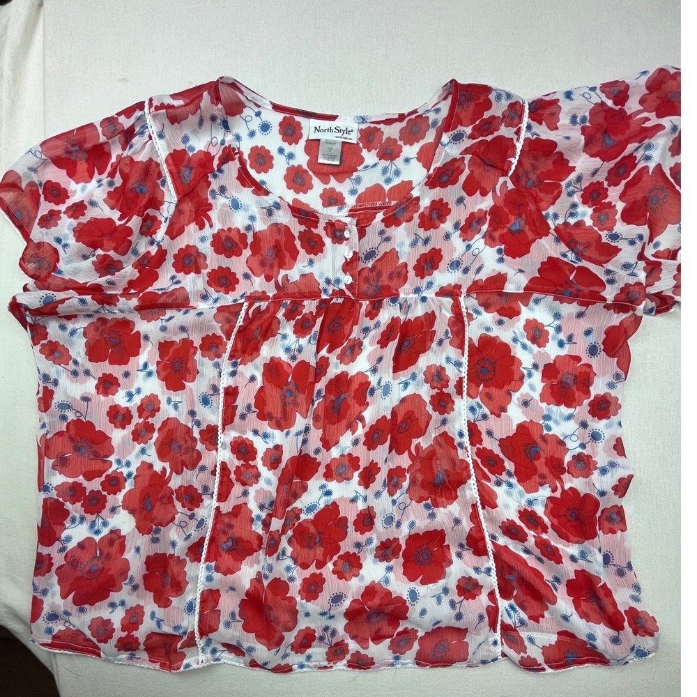 NorthStyle Women 3X Red Poppy Floral Chiffon Babydoll Blouse Flutter Sleeve Lace